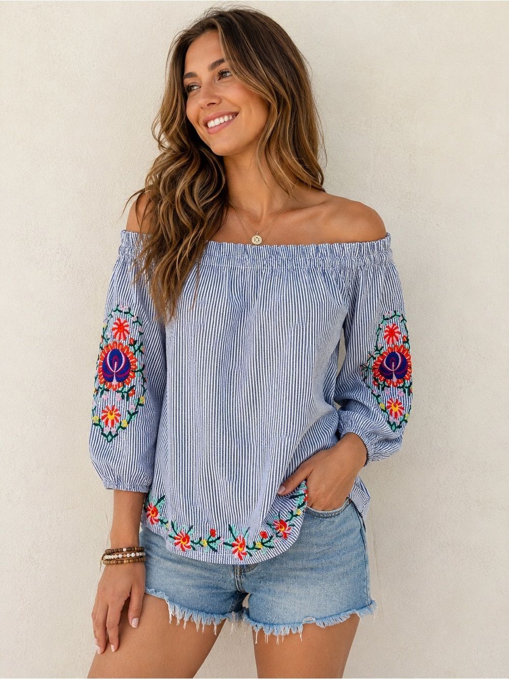Women’s Embroidered Off Shoulder Peasant Blouse Seersucker Stripe M Cottagecore
